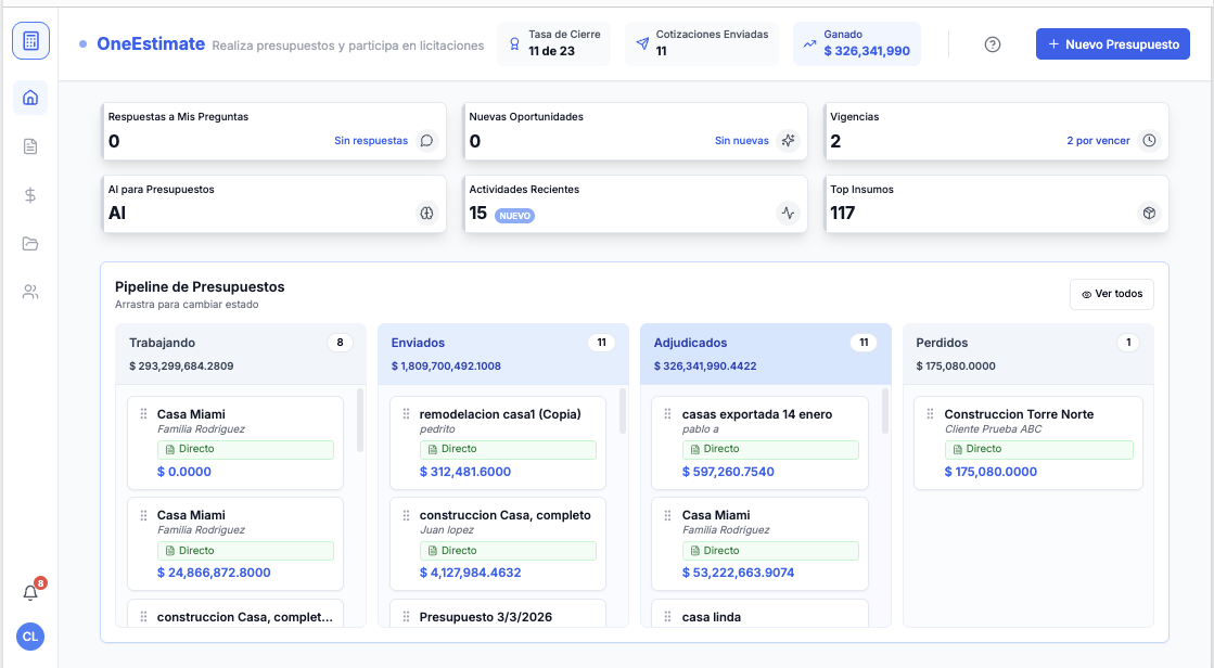 OneEstimate.ai - Sistema inteligente de presupuestos y estimación
